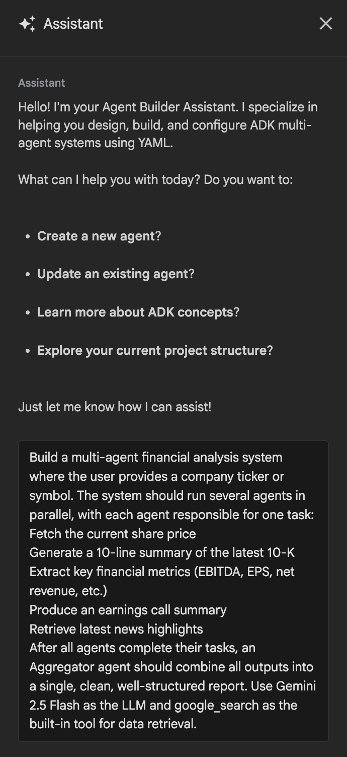 Gemini Assistant prompt interface in ADK Visual Agent Builder