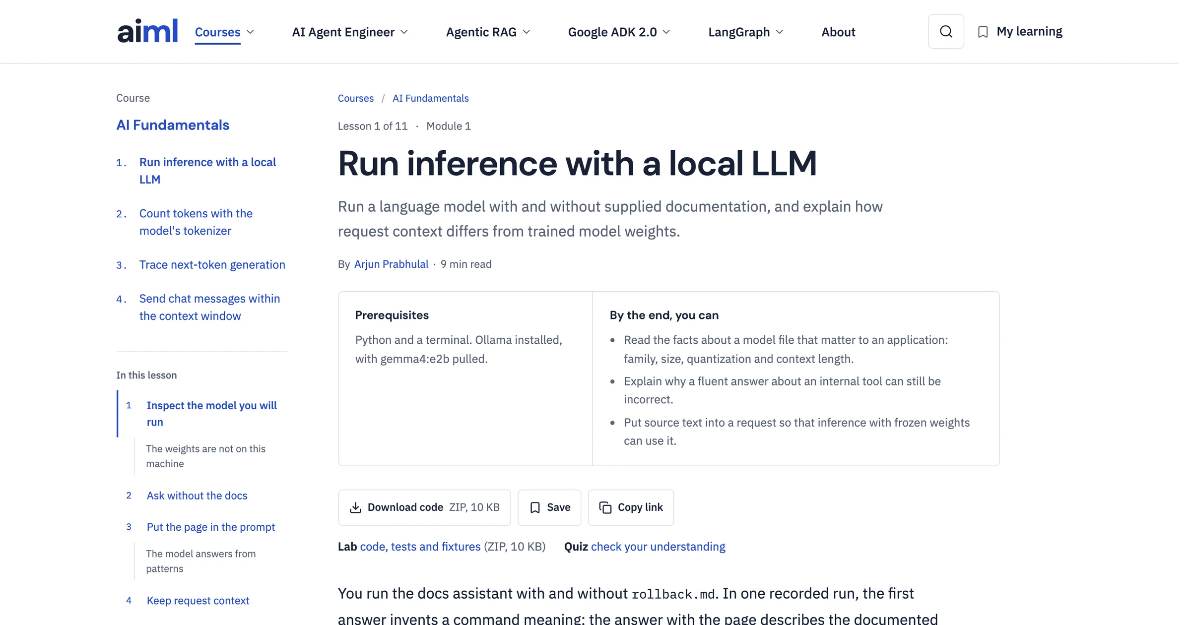 aiml.sh lesson explaining local LLM inference, with its course navigation and lesson content