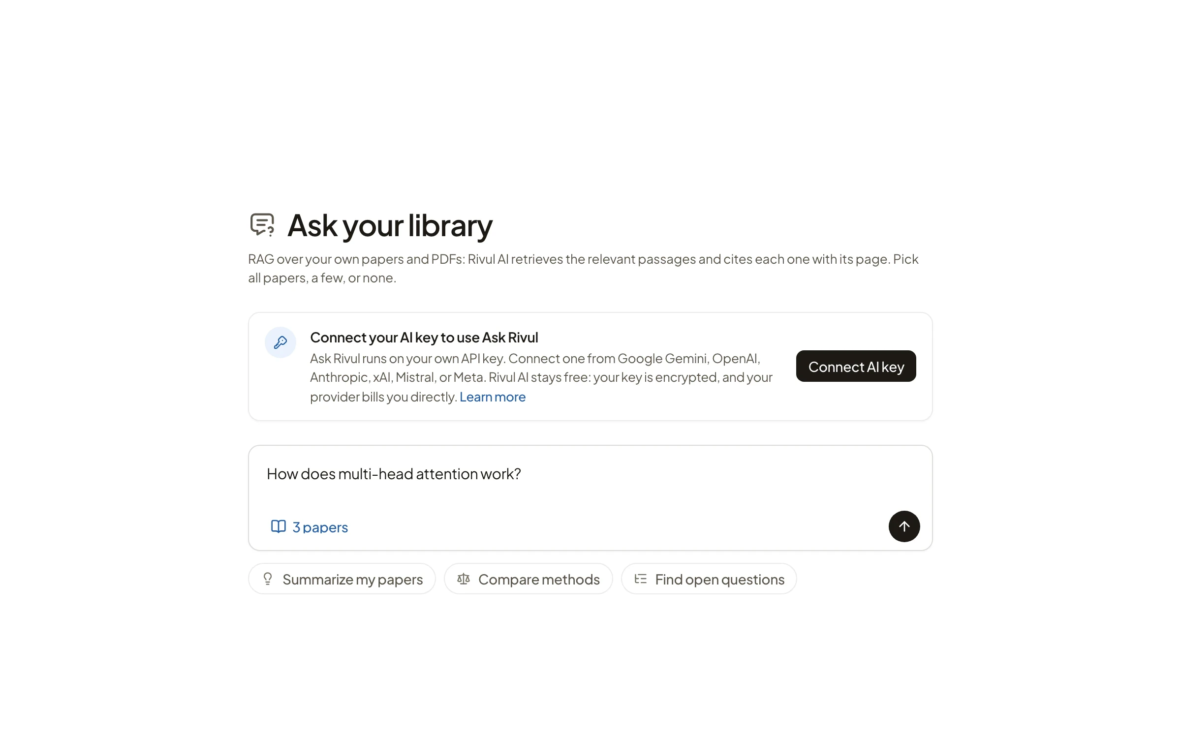 Ask your library: a question box over 3 selected papers, with suggestions to summarize papers, compare methods or find open questions