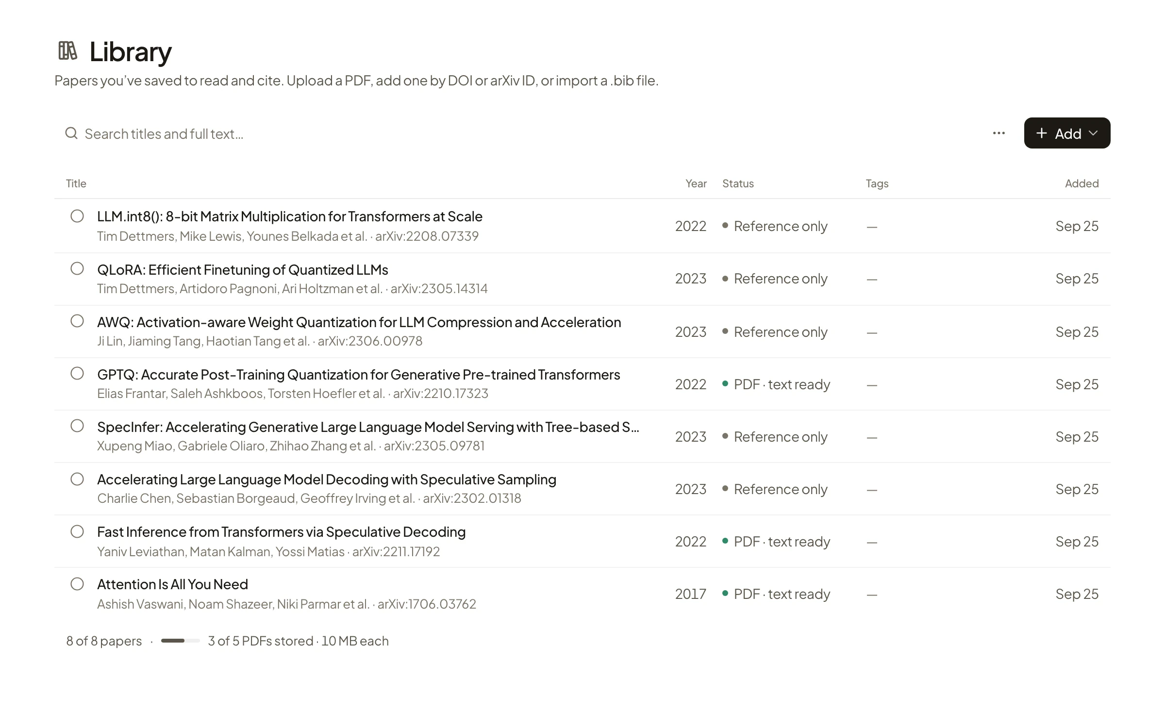 The Library listing saved papers such as QLoRA, GPTQ and Attention Is All You Need, each marked Reference only or PDF text ready