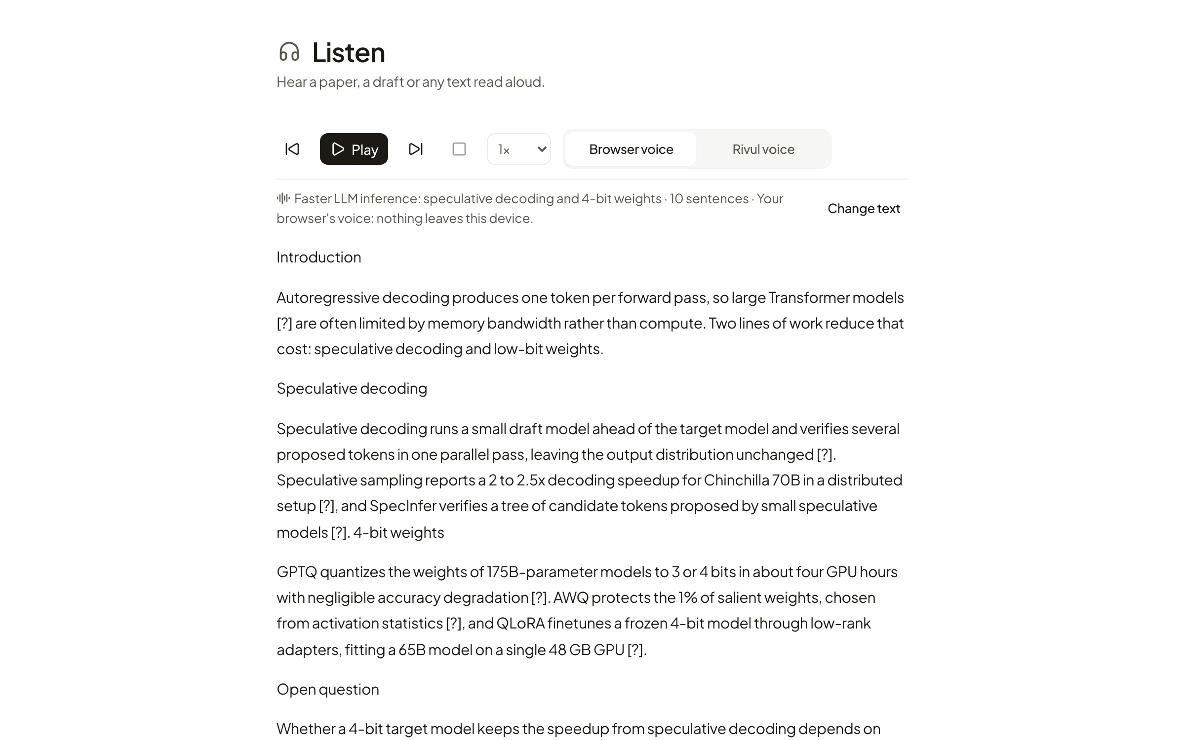 Listen reading a draft on speculative decoding aloud, with play controls and a choice of browser voice or Rivul voice