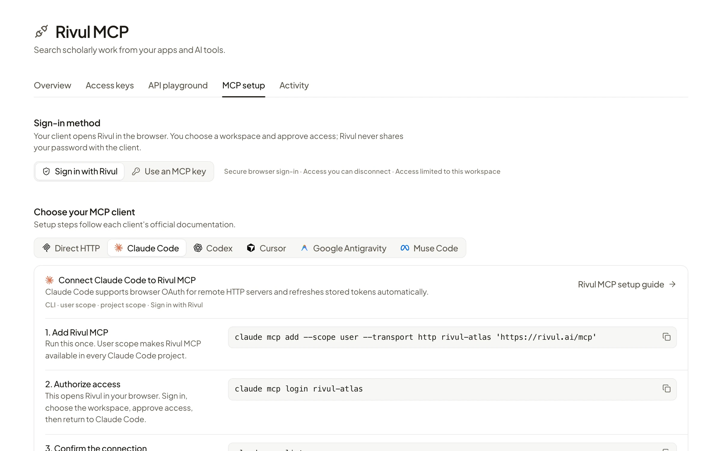 Rivul MCP setup: sign in with Rivul or use an MCP key, then choose a client such as Claude Code, Codex, Cursor, Google Antigravity or Muse Code
