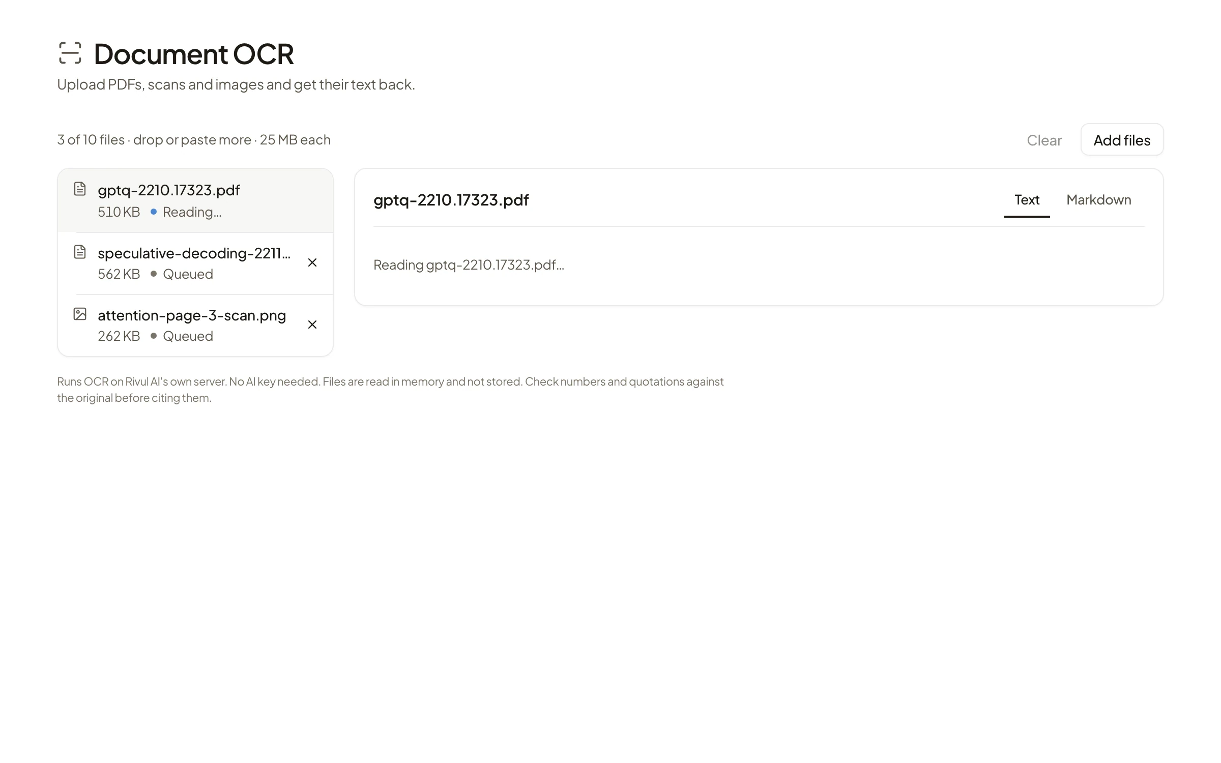 Document OCR reading three files, a GPTQ PDF, a speculative decoding PDF and a scanned page image, with Text and Markdown output tabs