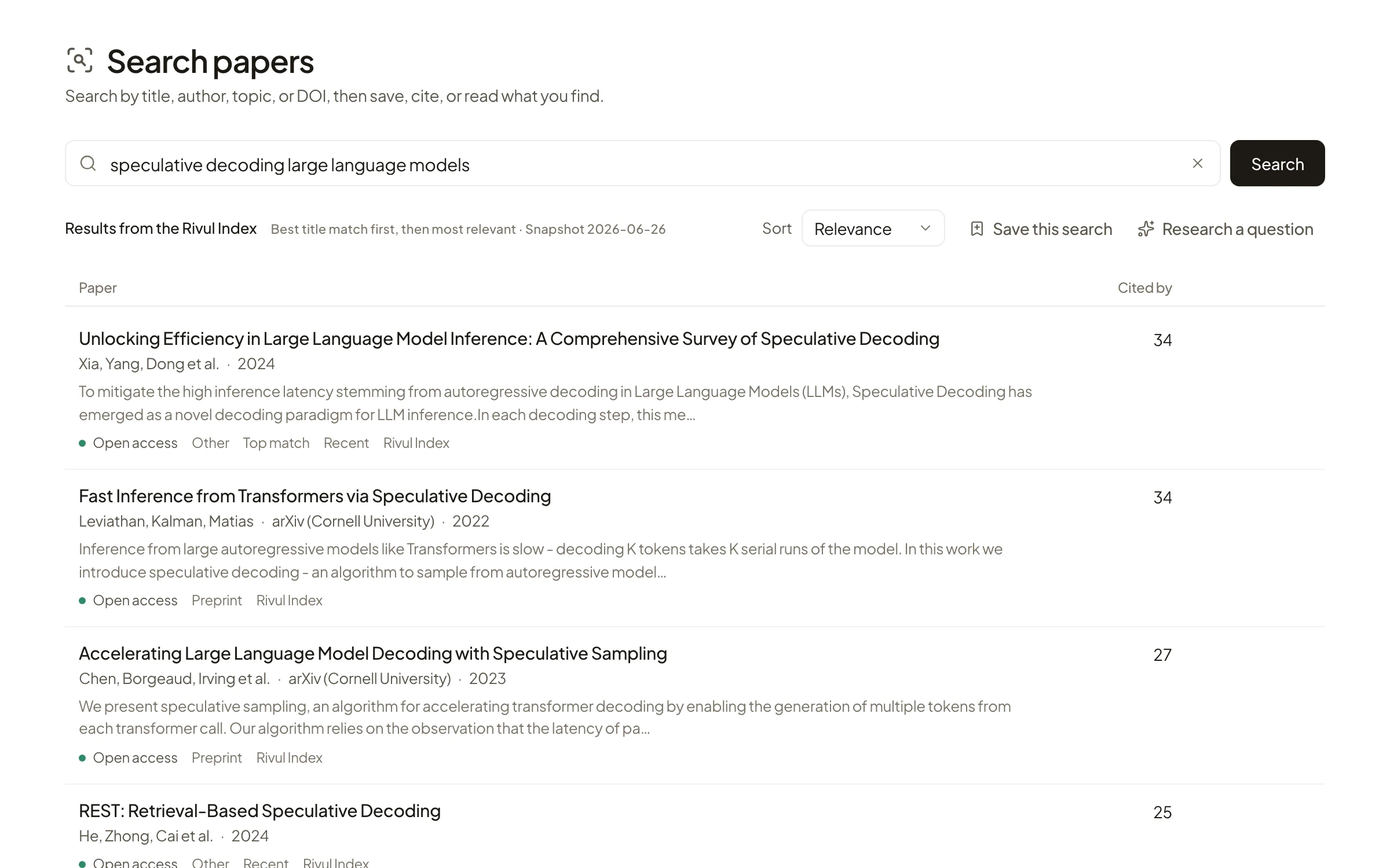Search papers results from the Rivul Index for speculative decoding large language models, with open-access labels and cited-by counts