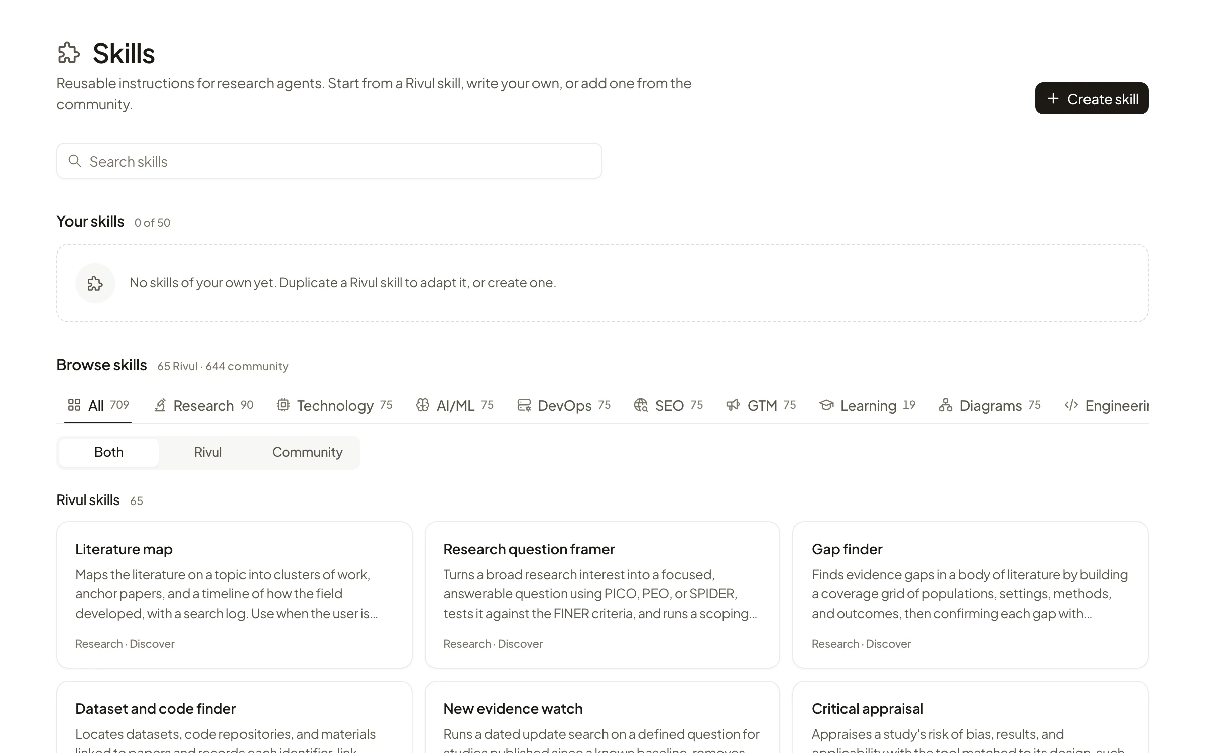 The Skills catalog with category tabs and Rivul skills such as Literature map, Research question framer and Gap finder