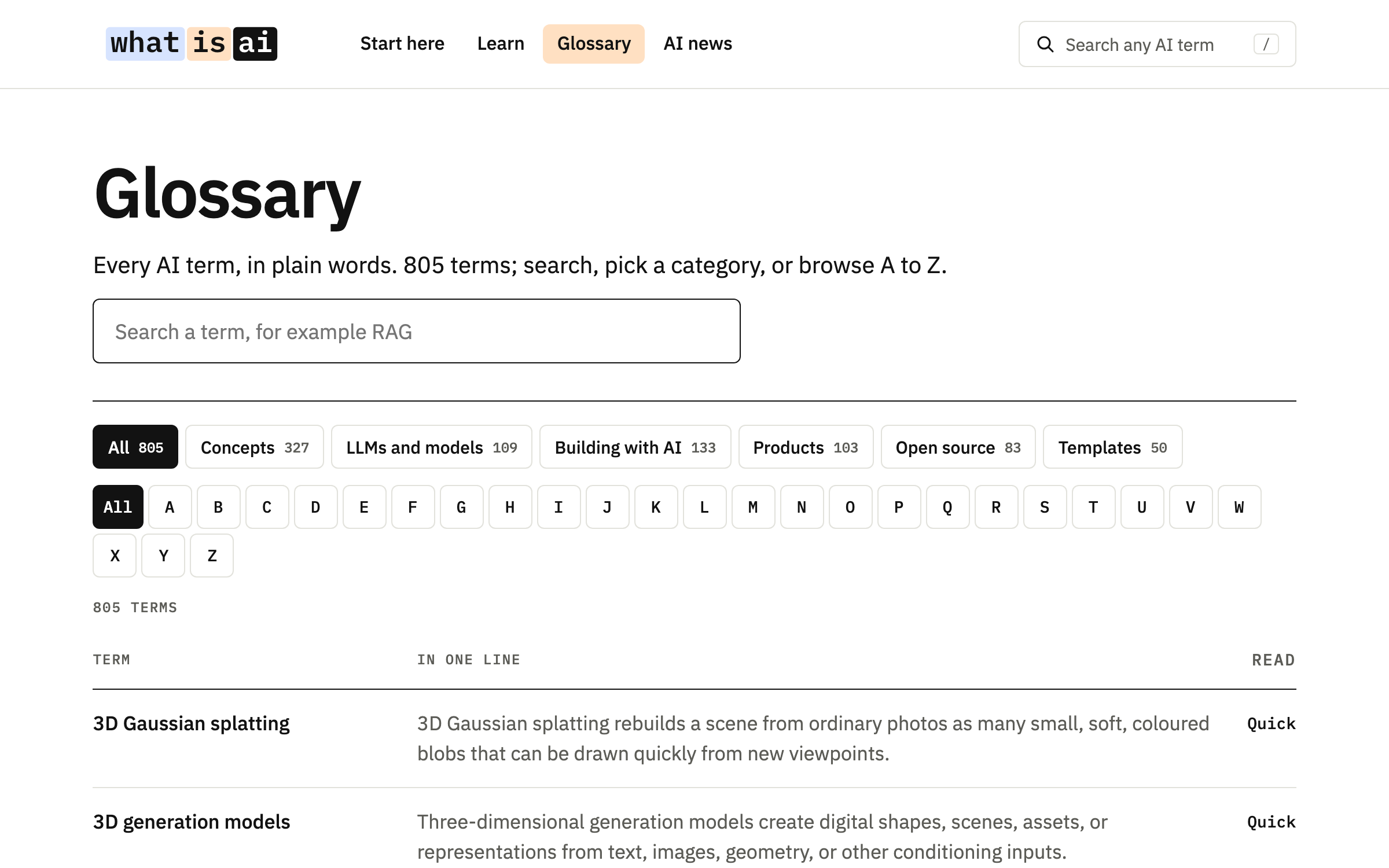 The glossary: every AI term in plain words, searchable, by category and A to Z
