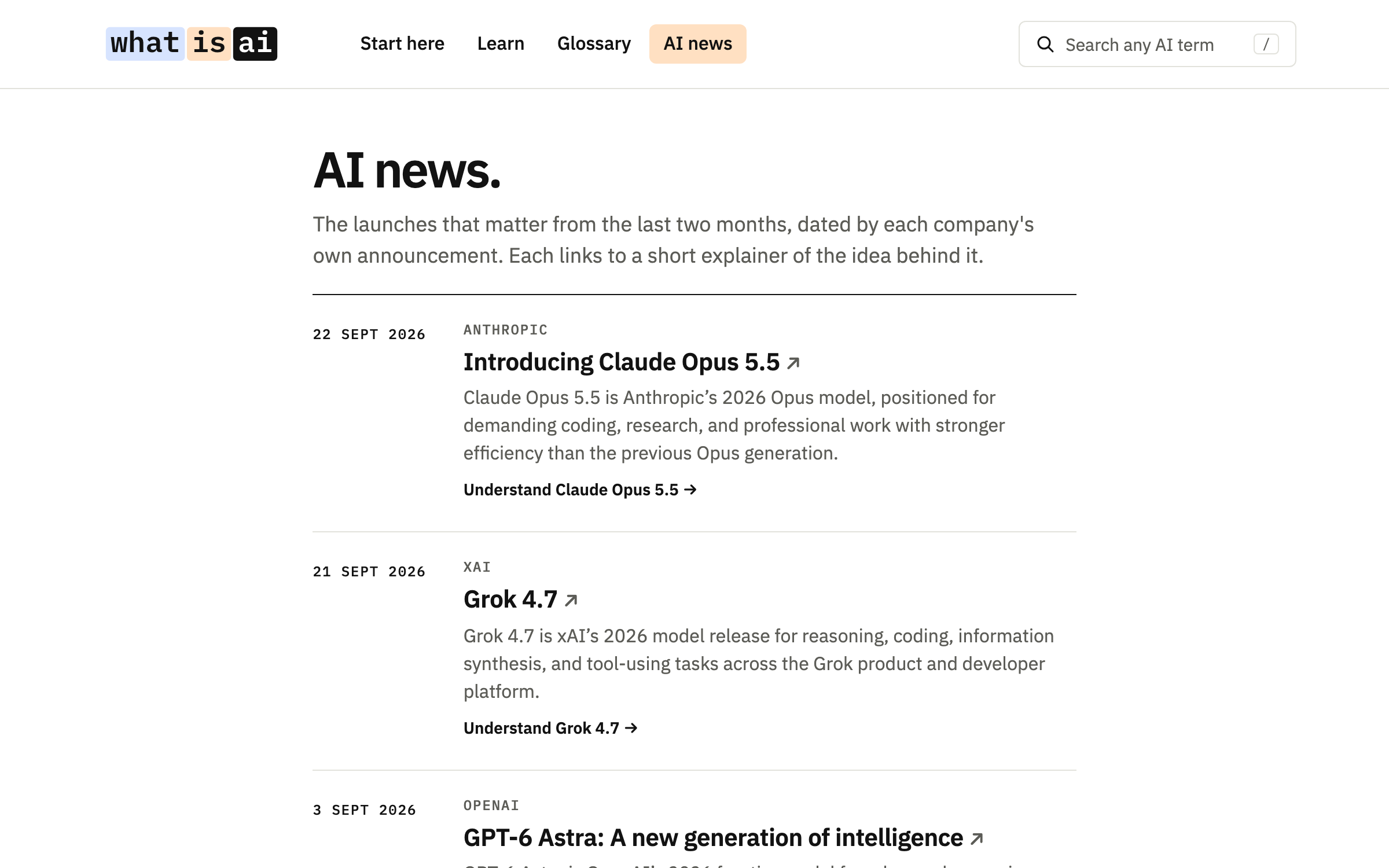 AI news: recent launches dated by each company&rsquo;s own announcement, each linked to a short explainer