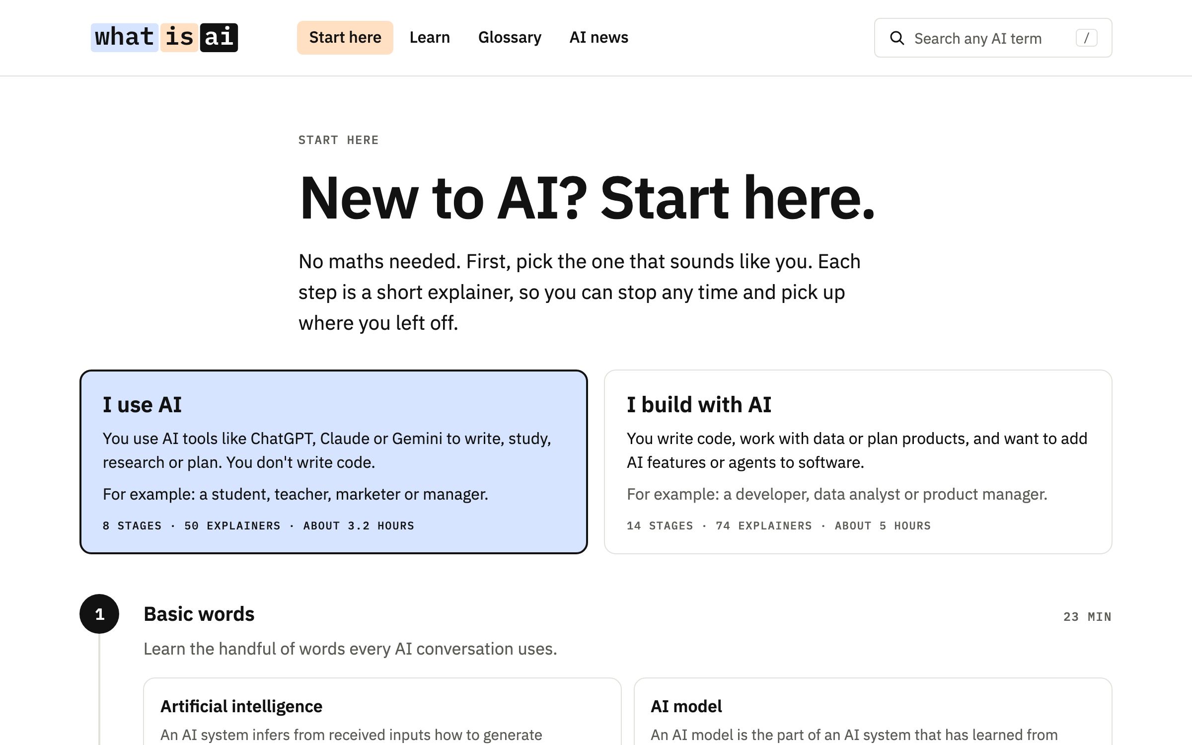 Start here: pick I use AI or I build with AI, each a sequence of short explainers